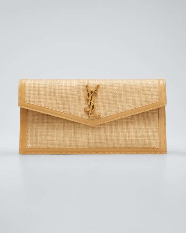 Uptown Micro Raffia/Leather Envelope Flap Pouch Wallet